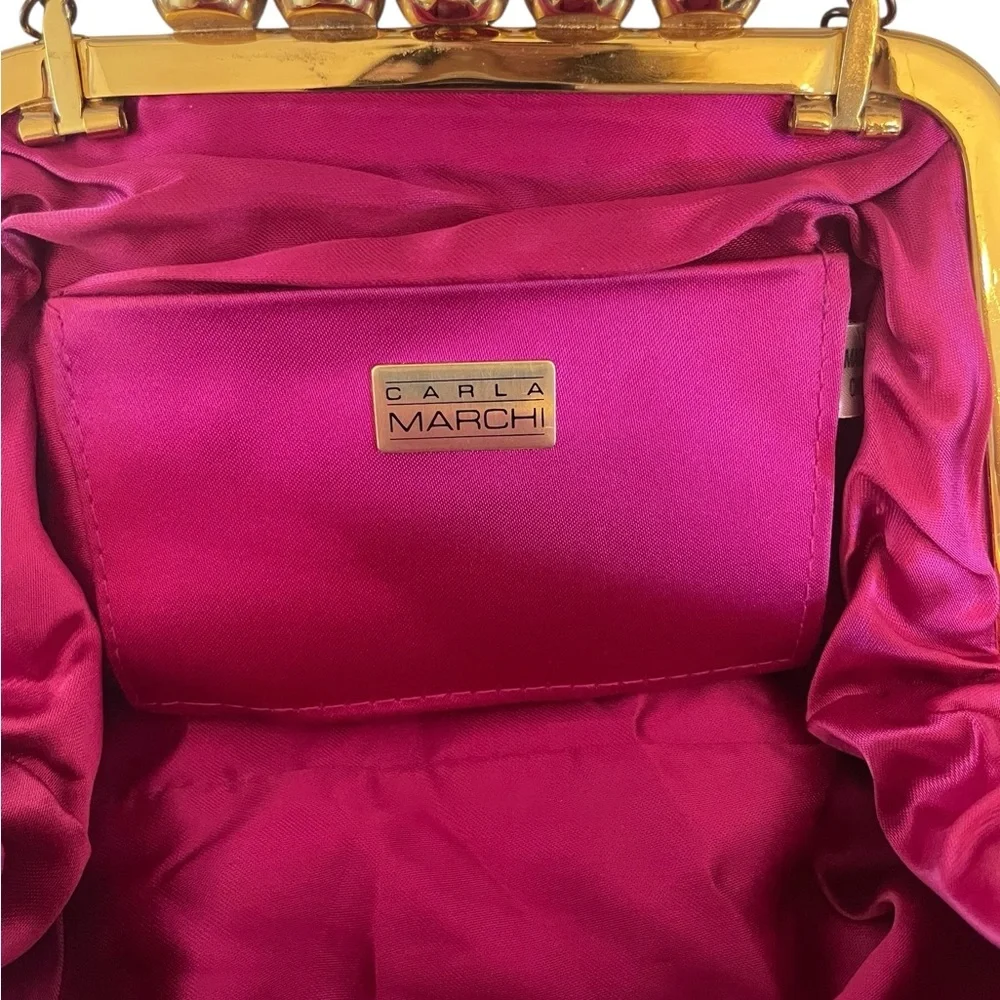 CARLA MARCHI | Pink Vintage Pleated Clutch / Evening Bag w Kisslock & Chain - Picture 11 of 13
